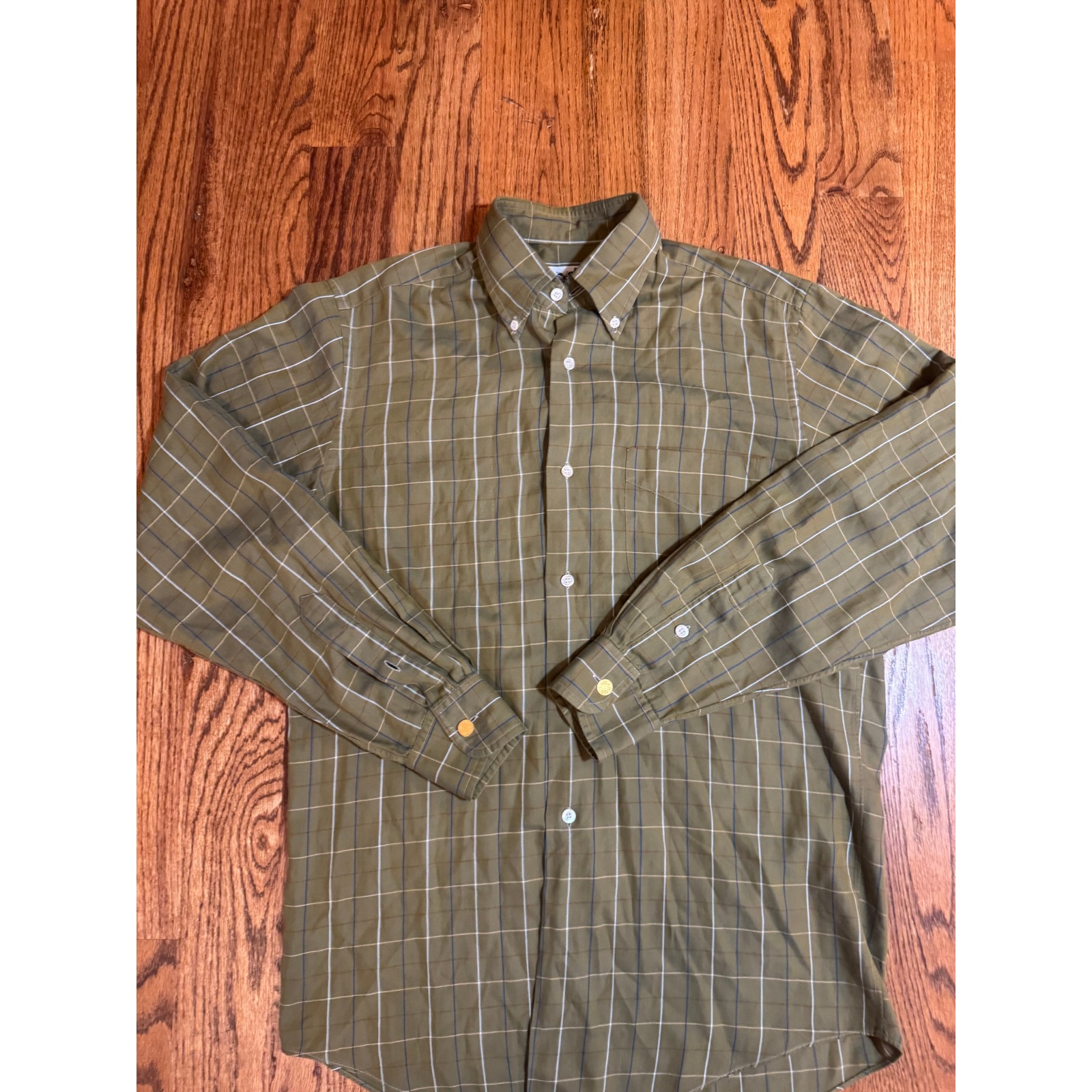 Hermes Paris Mens Olive Green Windowpane Check Button Down Shirt Made In France